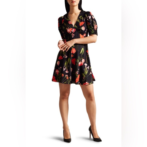 NWT Ted Baker Sienno Puff Sleeve Floral Jacquard Mini Tea Dress 3 / US 8 - Picture 2 of 13